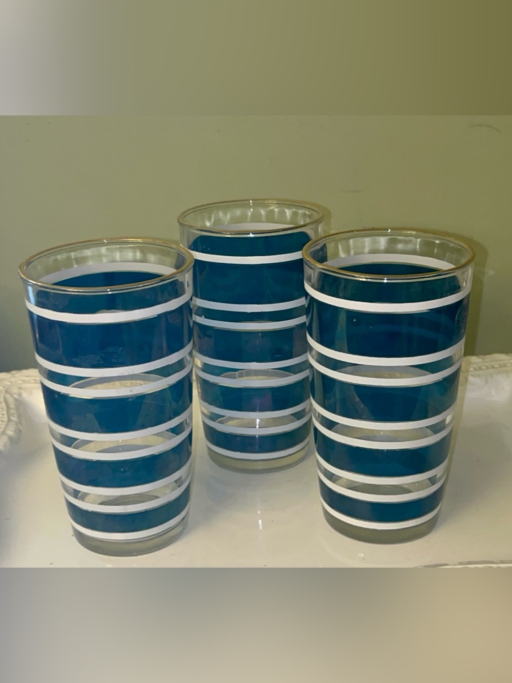 Hazel Atlas Vintage Blue-and-White Horizontal Striped Drinking Glasses Set of 3